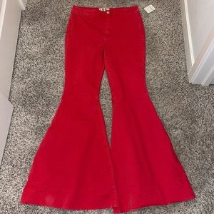 Free People Bright Red Flare Wide Leg Jeans